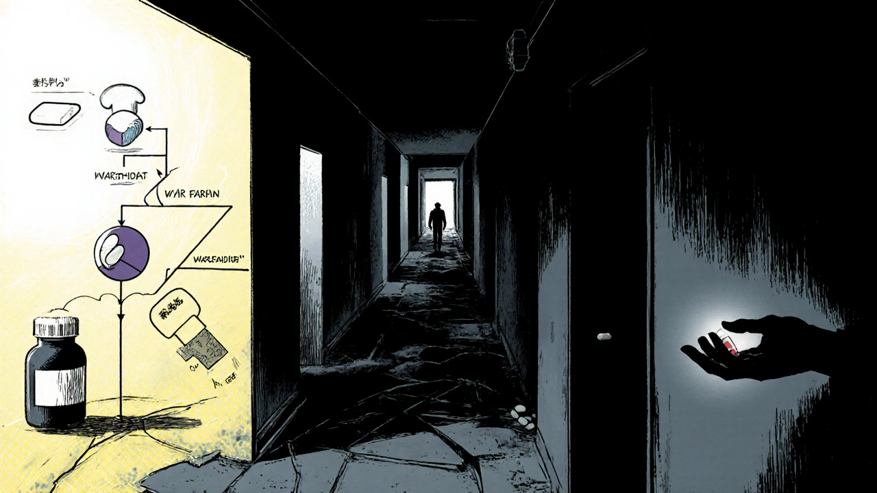 Algorithmie de traitement de la FA, trois chemins dont le ticlopidine sombre, style Junji Ito.