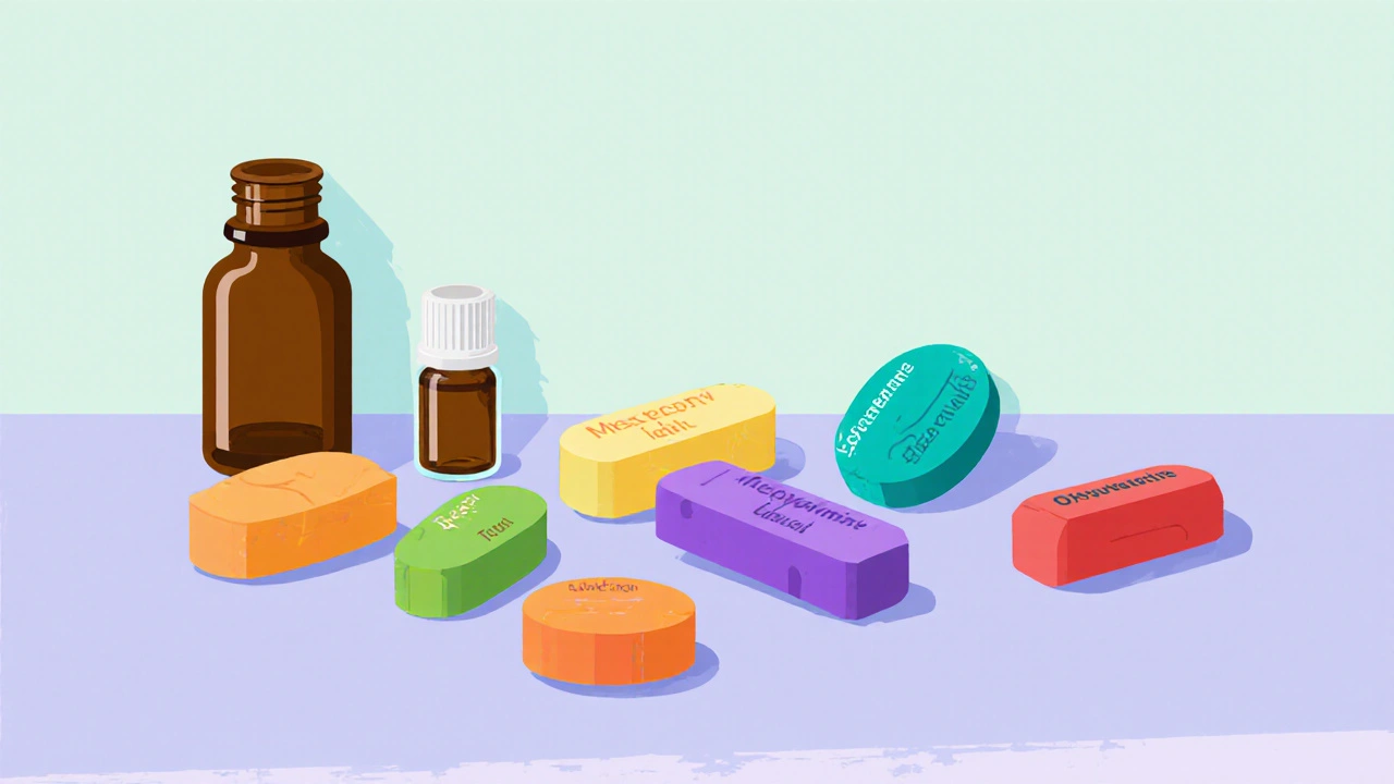 Assortiment de médicaments antispasmodiques et d&#039;huiles essentielles.