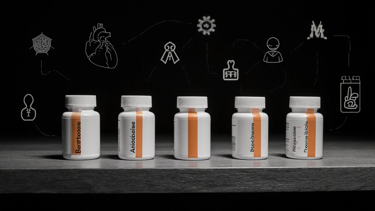 Bouteilles de médicaments antiarythmiques alignées avec icônes de mécanismes.