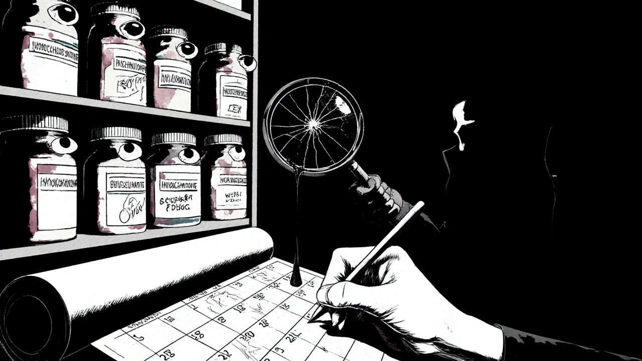 Bouteilles de médicaments avec des yeux et des bouches qui chuchotent, près d&#039;un calendrier marqué des rendez-vous manqués.