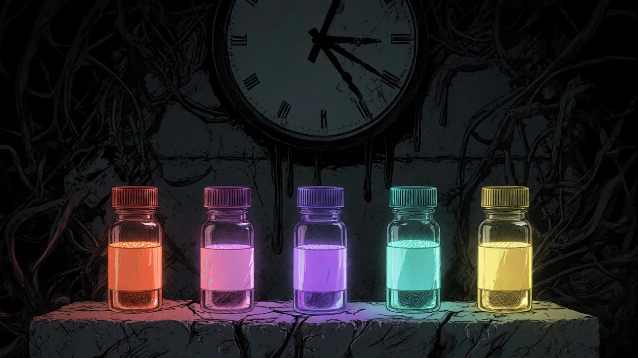 Cinq flacons de pilules différentes alignés sur une dalle fissurée, chacun brillant d’une lueur distincte.