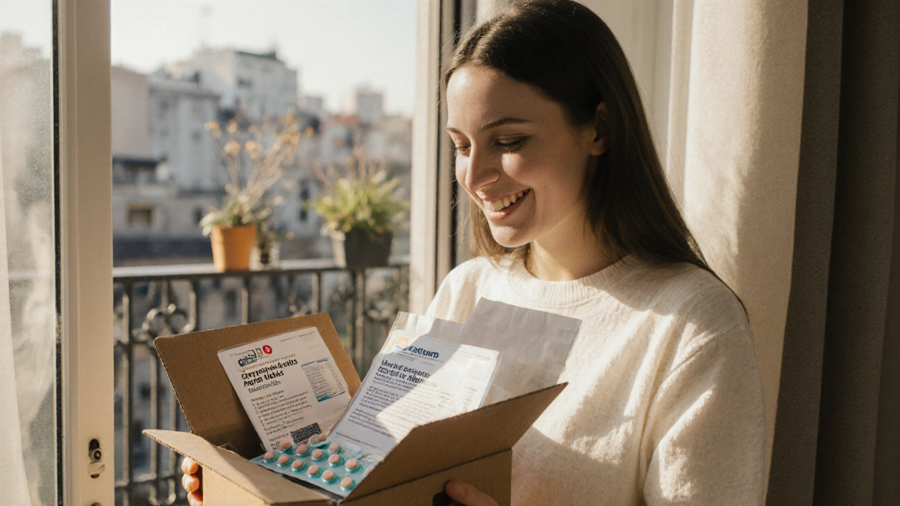 Client heureux ouvrant un colis contenant des comprimés d&#039;aciclovir générique.