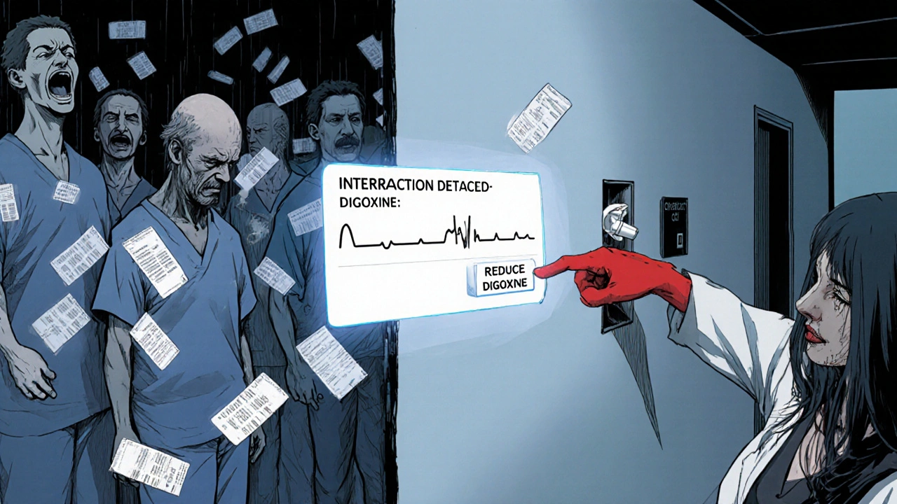 Couloir d&#039;hôpital hanté où les patients fondent en comprimés, une alerte lumineuse clignote : &#039;Réduire la dose de digoxine&#039;.