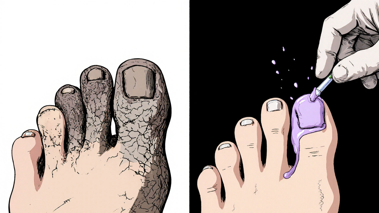 Croisement d’un ongle infecté où le vernis de luliconazole pénètre la kératine.