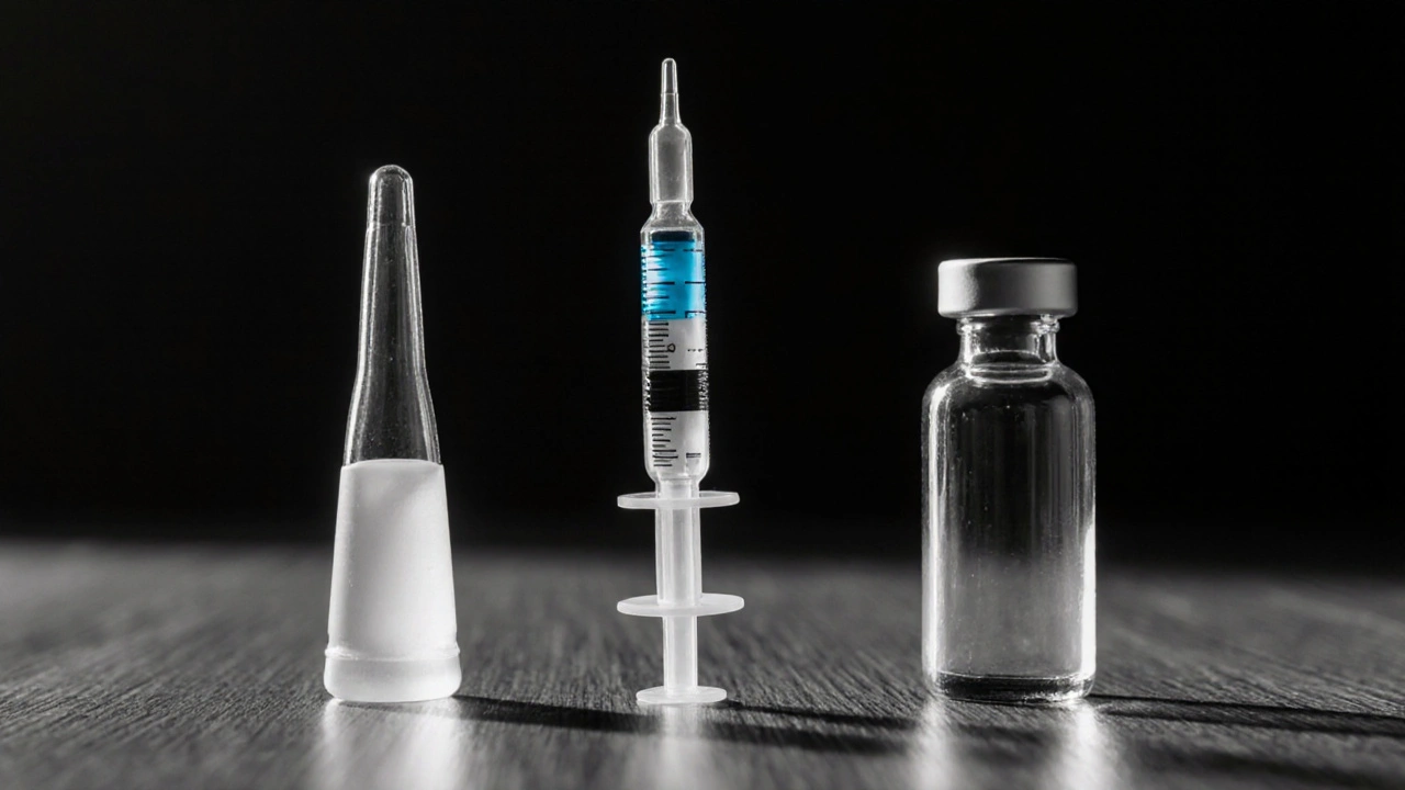 Différents contenants de médicaments de fertilité alignés sur un comptoir, style monochrome.