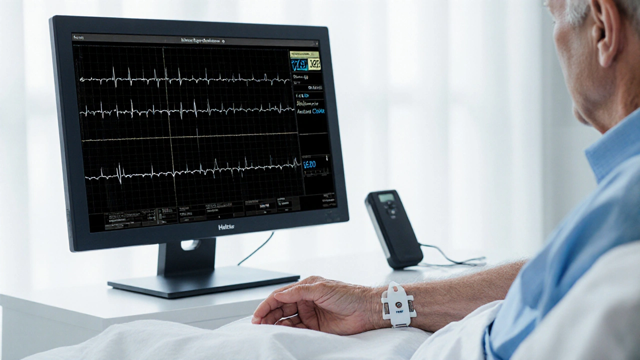 Électrodes ECG et dispositif Holter connectés au bras d’un patient âgé en salle de consultation.