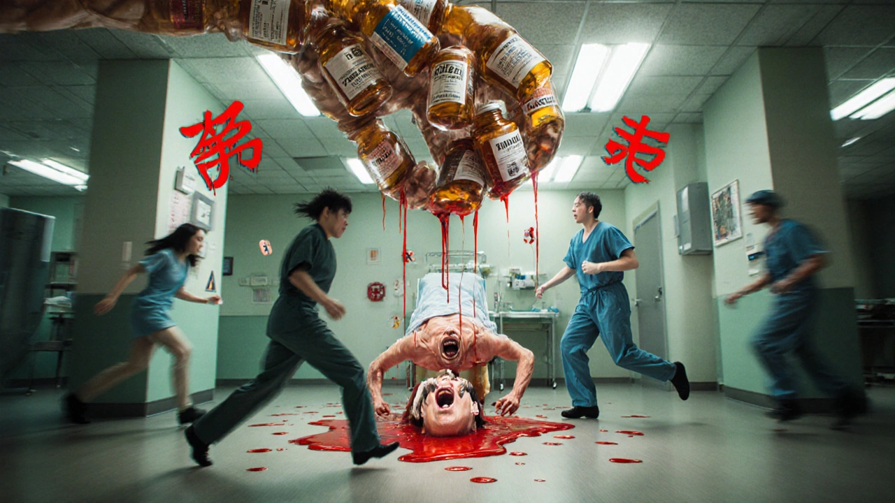 Équipe médicale en urgence face à un patient en spasmes, entouré de bouteilles de médicaments flottantes et de symboles sanguins.