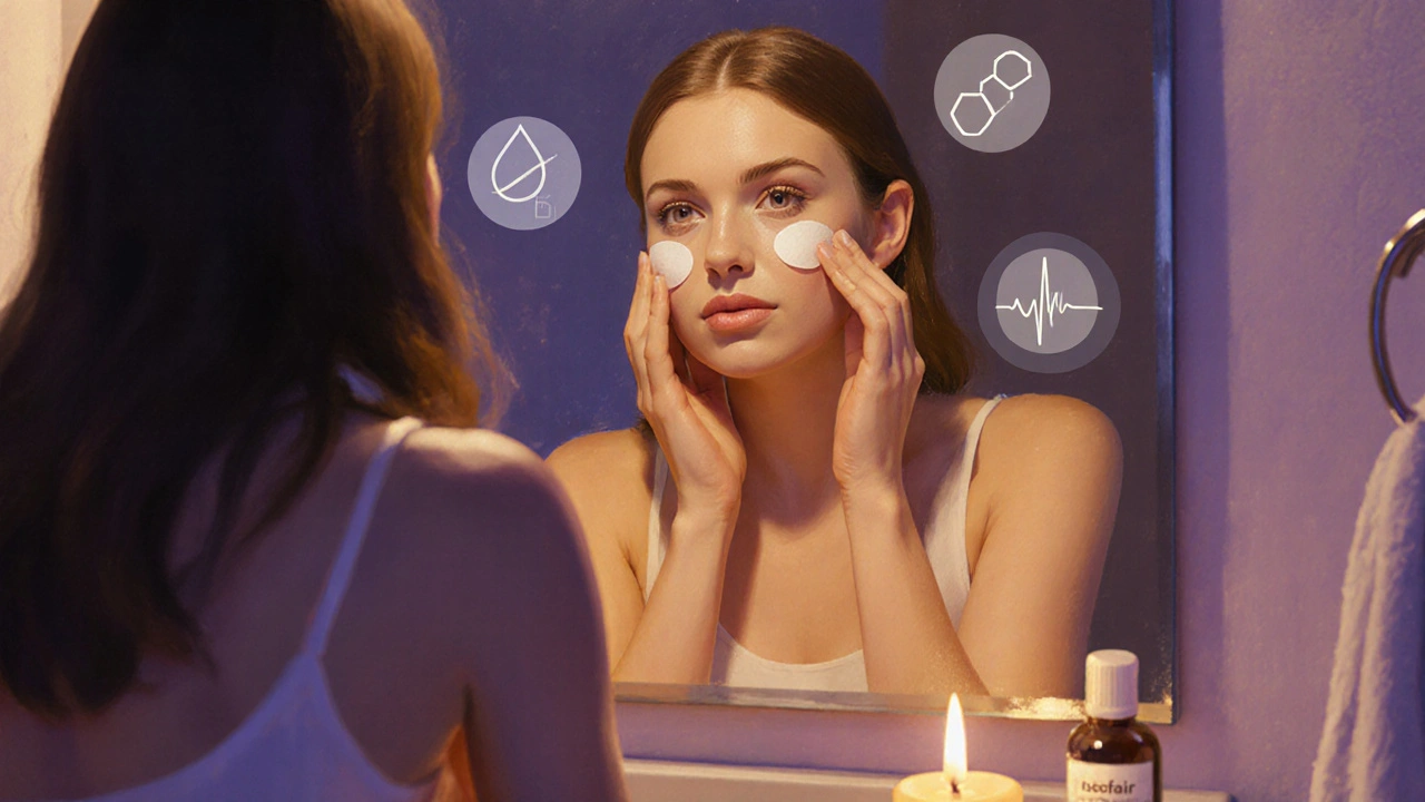 Femme appliquant une crème hydratante devant un miroir, effets secondaires d&#039;Isotretine suggérés.