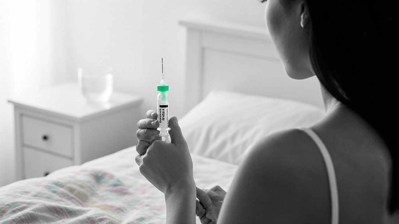 Femme auto‑injectant un sérum d&#039;hCG à domicile, atmosphère douce en noir et blanc.