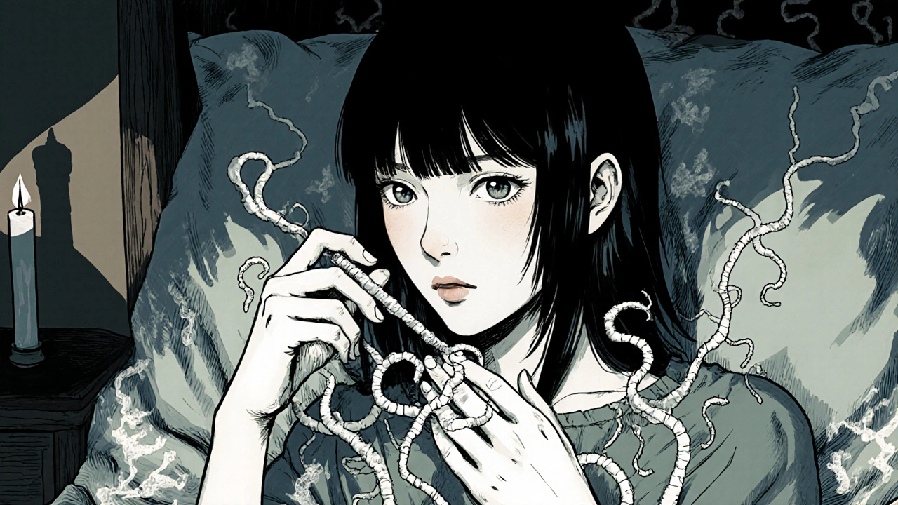 Femme en train d&#039;insérer un ovule antifongique, des filaments fongiques en forme de vrilles s&#039;enroulent autour de sa main dans une ambiance d&#039;horreur sombre.