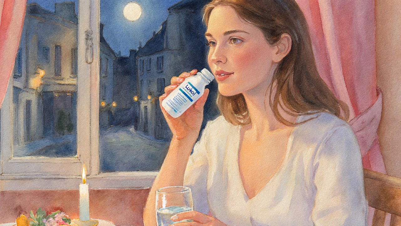 Femme prenant une capsule de Lukol à table, éclairée par une bougie.