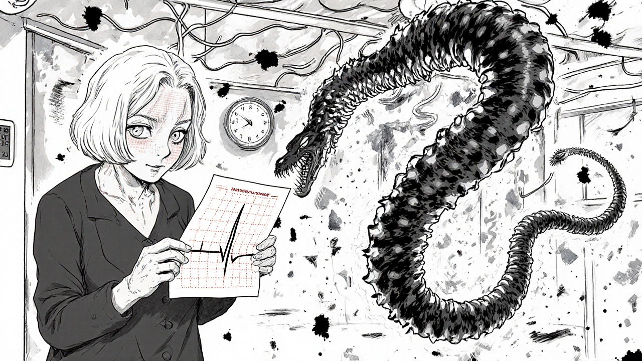 Femme tenant un ECG qui se transforme en créature serpentine aux dents aiguisées.