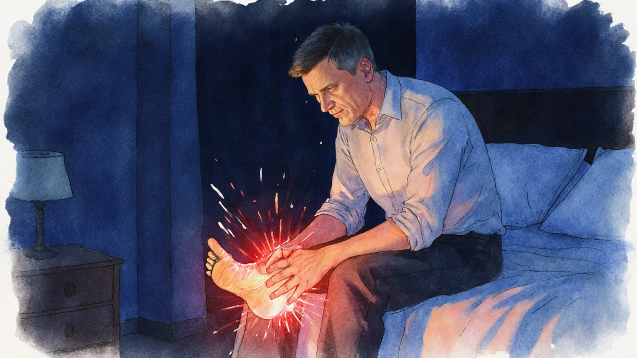 Illustration à l’aquarelle d’une nuit de crise goutteuse, pied rouge et douleur.