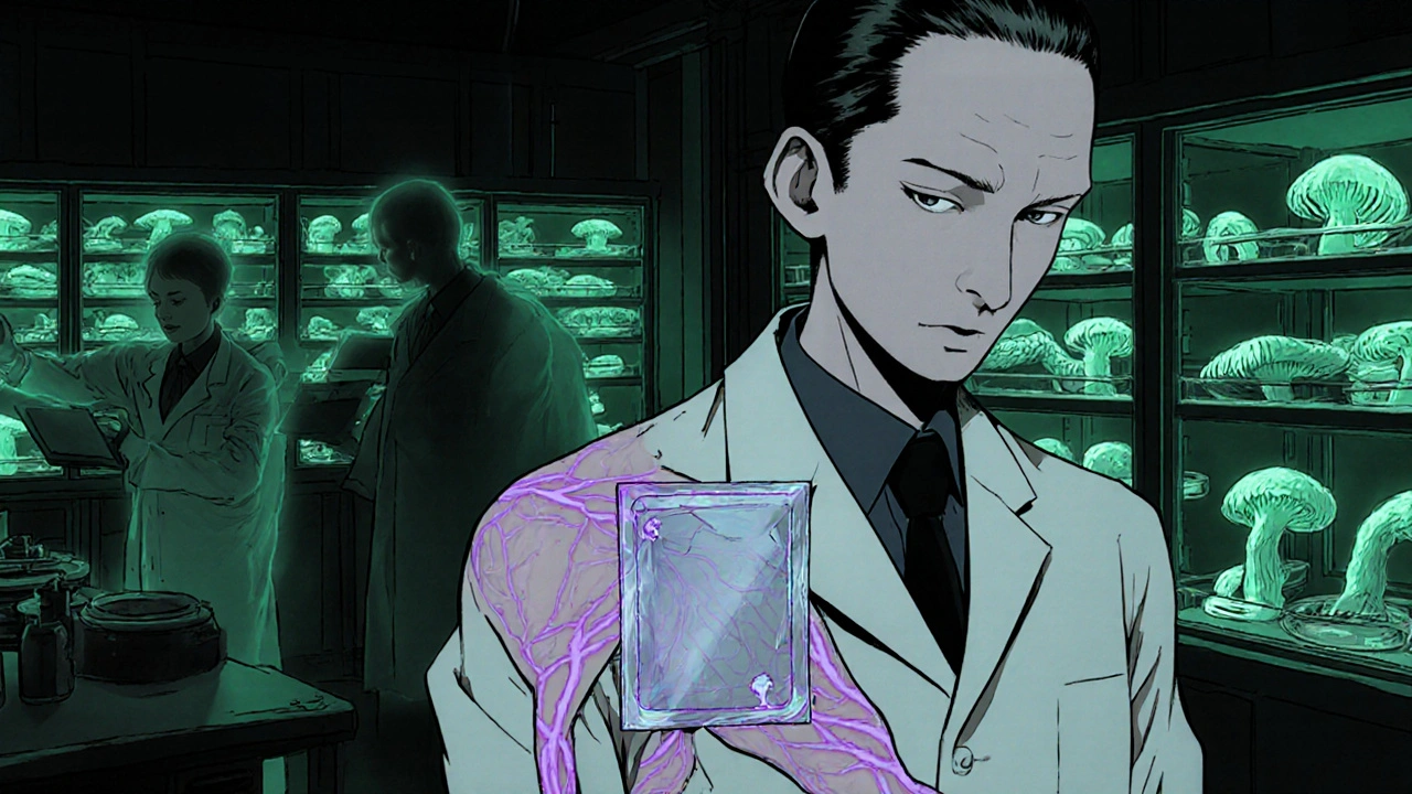 Laboratoire sombre où des chercheurs testent des patchs de luliconazole sur des cultures fongiques.