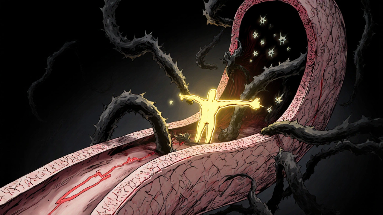 LDL oxydés combattus par une molécule dorée de vitamine E dans une artère sombre.