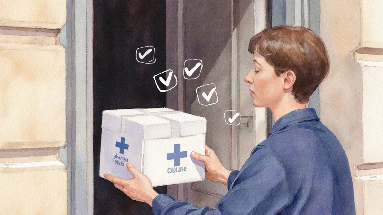 Livraison discrète d&#039;une boîte pharmaceutique devant la porte d&#039;un appartement français.