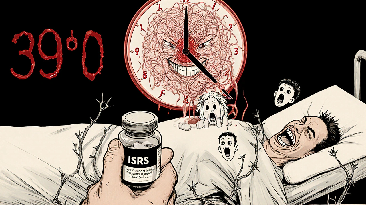 Main tenant une pilule dont le reflet montre un visage hurlant, avec des chiffres de fièvre et des plantes épineuses poussant des comprimés.