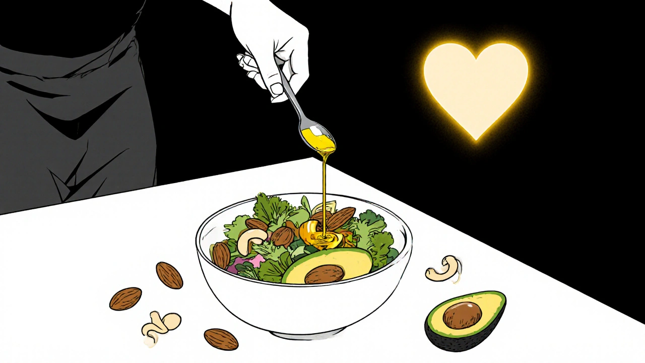 Main versant de l&#039;huile de tournesol sur une salade avec amandes, avocado, et cœur lumineux en arrière‑plan.