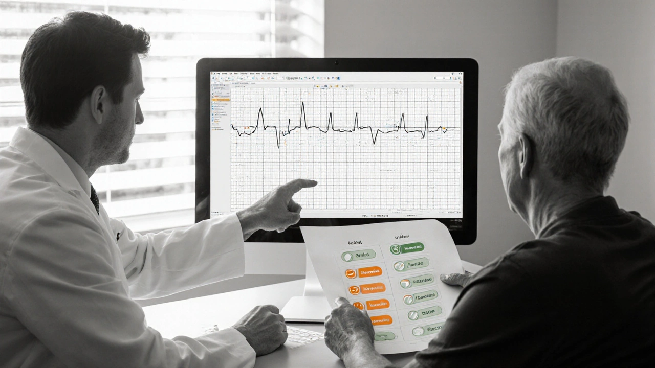 Médecin et patient examinant un ECG et un tableau de choix médicamenteux.