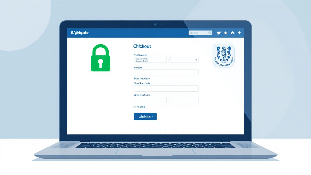 Ordinateur portable affichant une page sécurisée de pharmacie en ligne avec icône de cadenas.