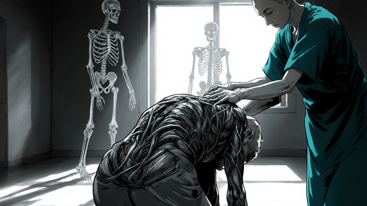 Patient en étirement de physiothérapie, muscles détaillés en motifs sombres, style Junji Ito.