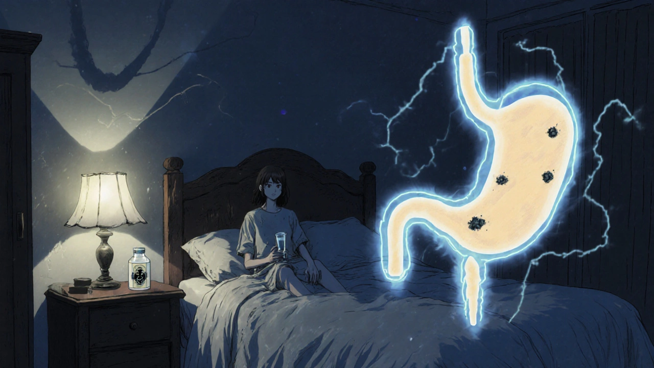 Patient prenant des pilules, entouré d’illustrations fantomatiques du foie et de l’estomac.