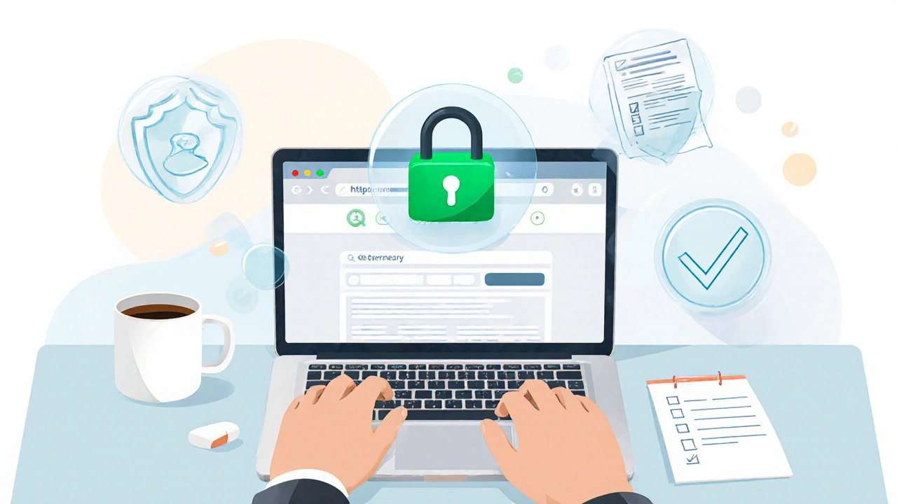 Personne vérifiant un site de pharmacie en ligne avec icône de cadenas vert sécurisé.