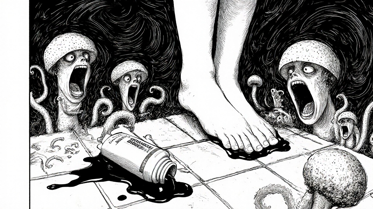 Pied d&#039;enfant sur un carrelage humide, des visages fongiques hurlants émergent des fissures, une crème antifongique renversée répand une substance noire en tentacules.