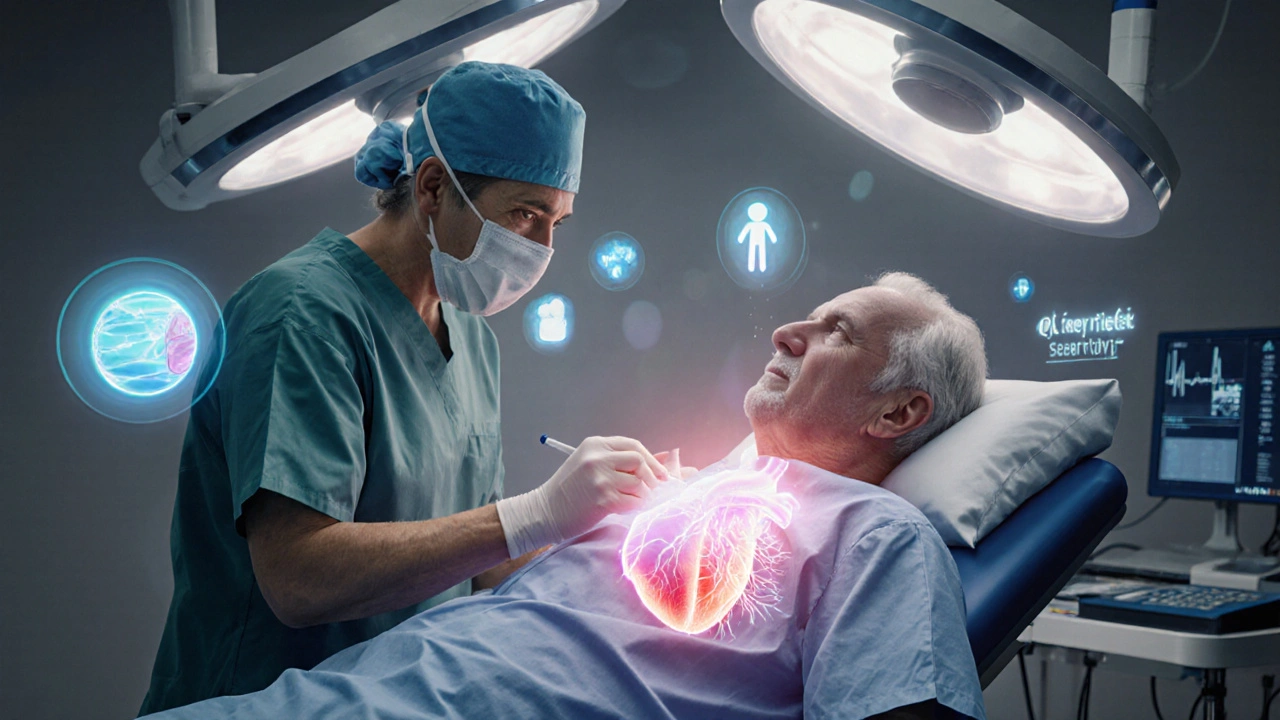 Procédure d’ablation cardiaque sur un patient senior avec médecin et traitement médicamenteux illustrés.
