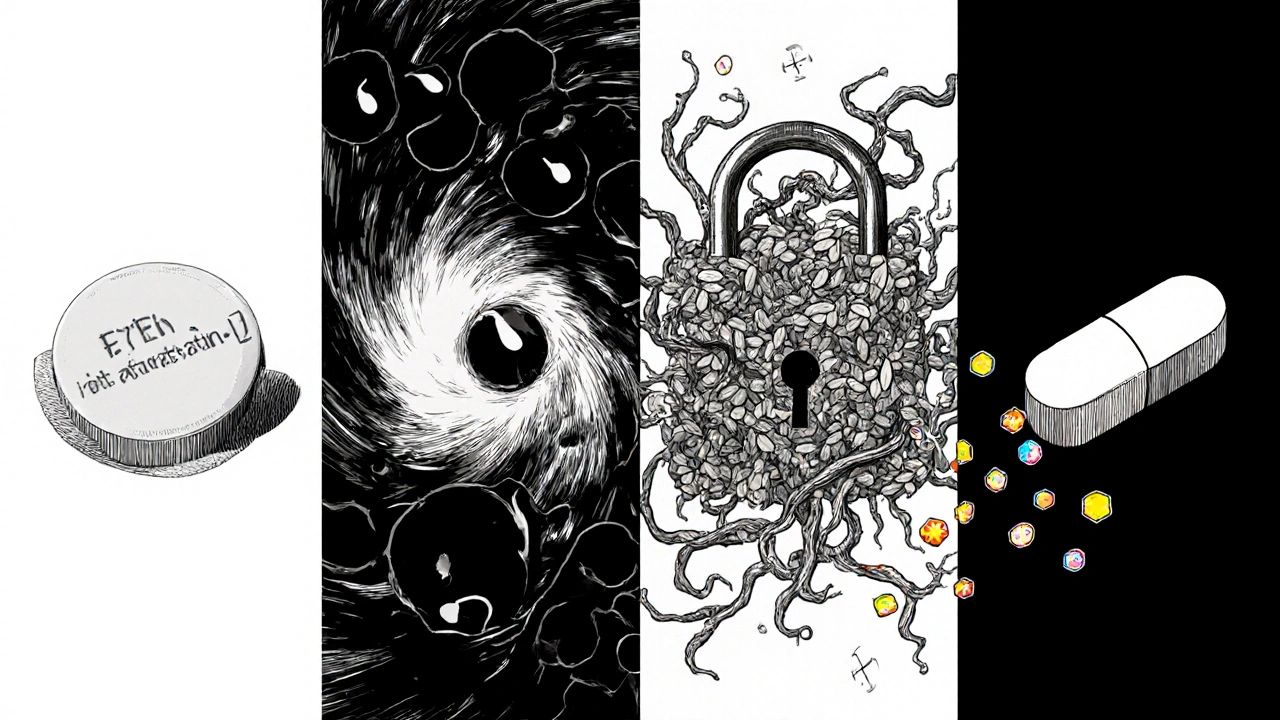 Quatre panneaux illustrant les mécanismes de zetia, statine, fibrate et fibres solubles, en style Junji Ito.