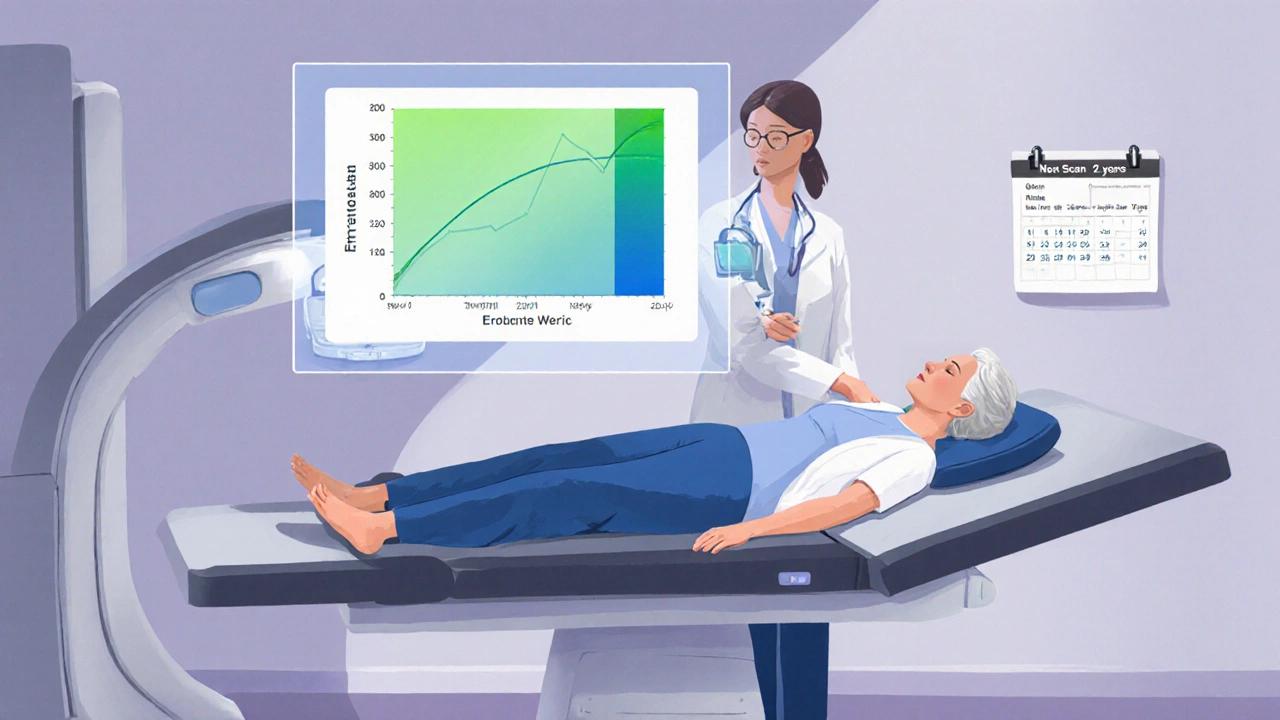 Scène clinique d&#039;une scanographie osseuse DXA avec patient et technicien.