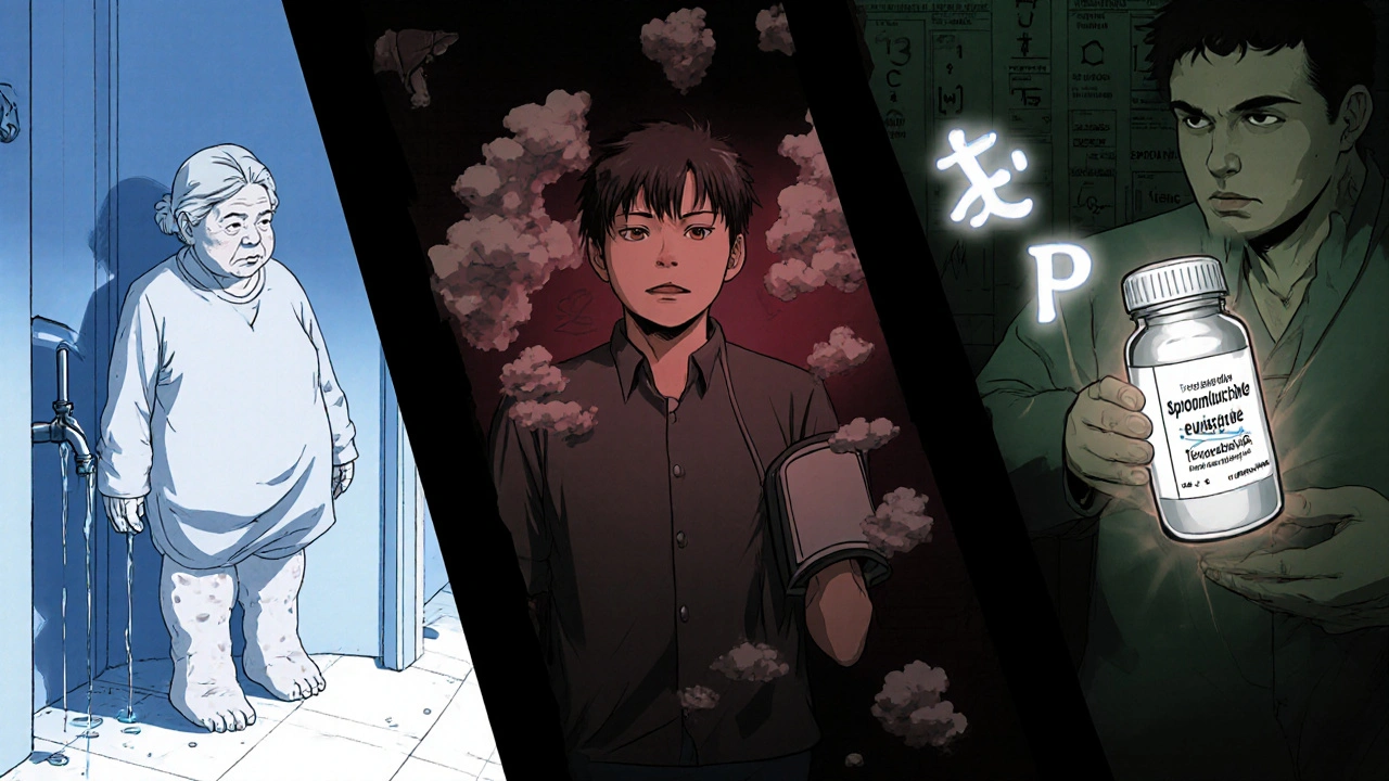 Scène divisée montrant trois patients : œdème, hypertension traitée par torasémide, et œdème hépatique avec spironolactone.