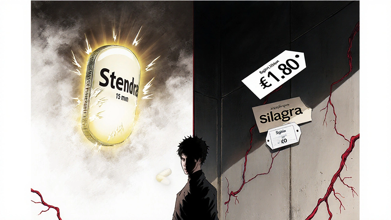 Scène divisée montrant un homme hésitant entre un Stendra lumineux et un Silagra économique.