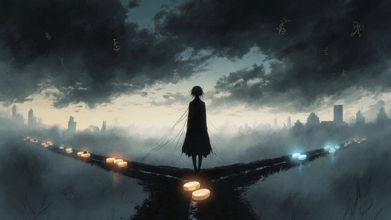 Silhouette à une croisée des chemins, un sentier lumineux de pilules rapides et un autre de pilules longues durée.