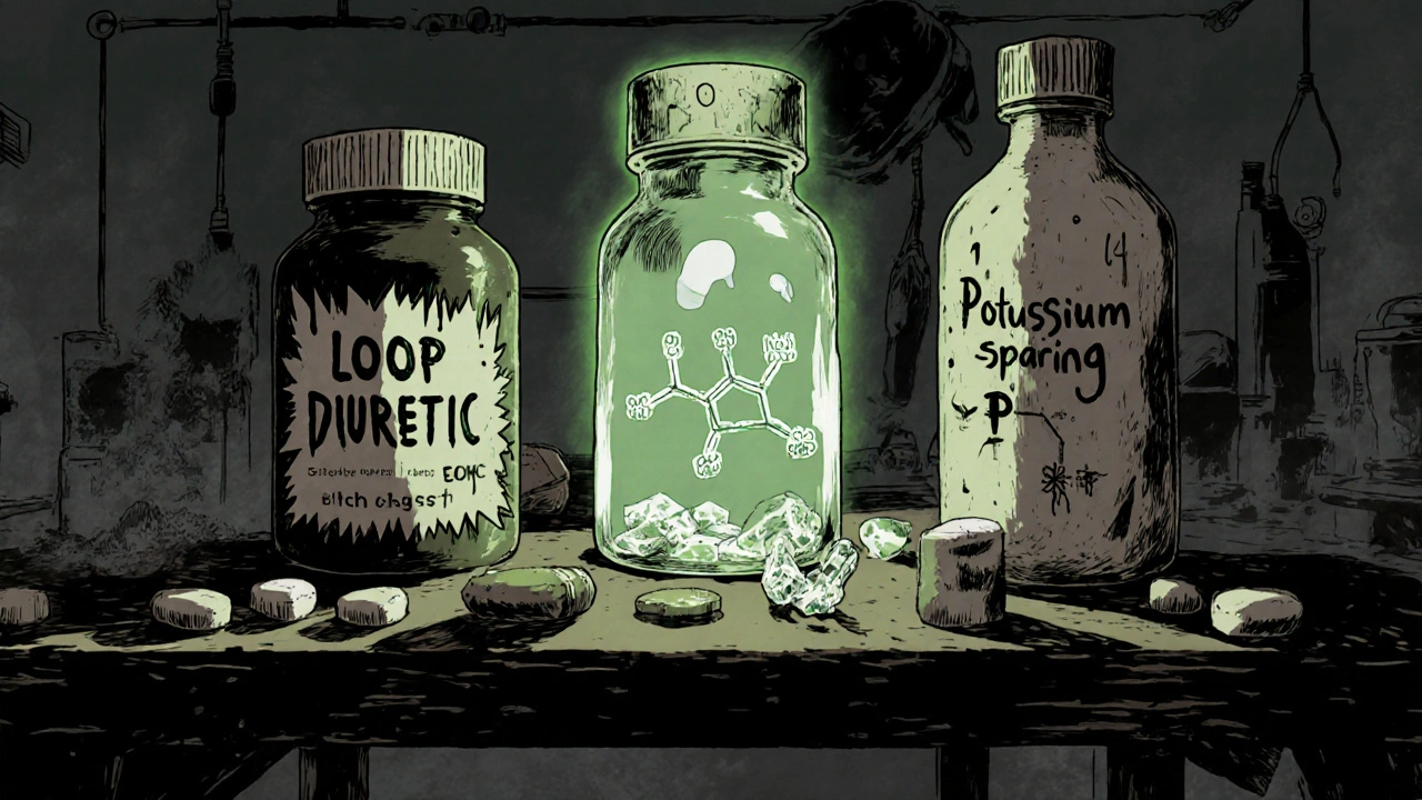 Table de laboratoire sombre avec plusieurs flacons de pilules illustrant différents diurétiques, entourés d’une structure chimique éthérée.