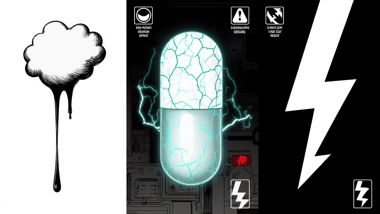 Trois pilules illustrant Cyclobenzaprine, Baclofène et Tizanidine avec effets secondaires fantômes.