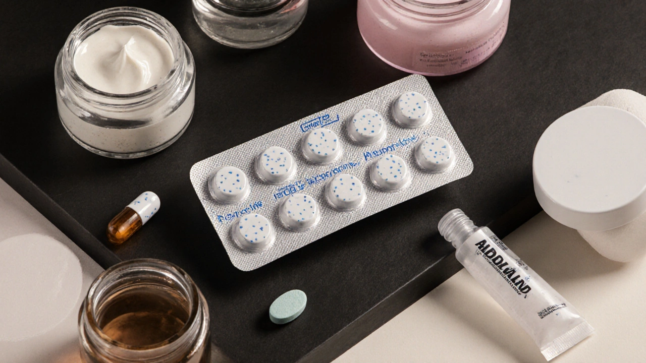 Vitrine artistique de pilules de doxycycline, minocycline, spironolactone et crèmes d&#039;acné.