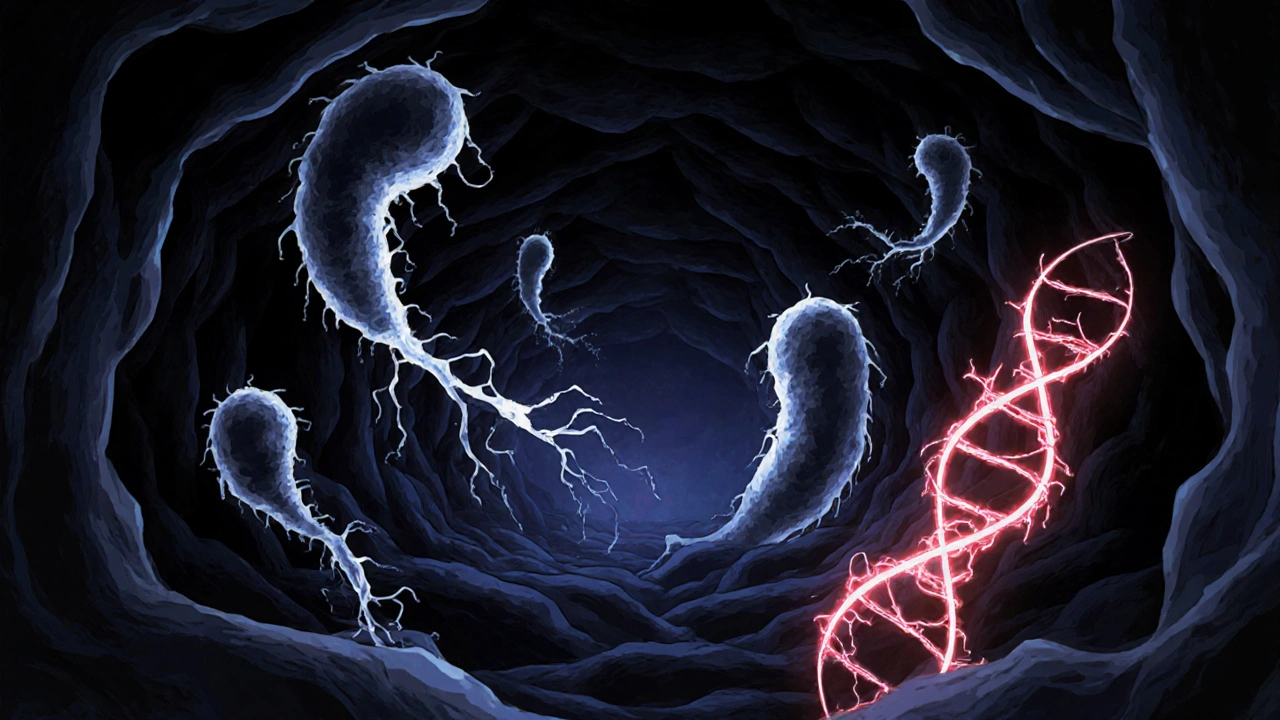 Zoom sur une articulation où l&#039;ornidazole pénètre des bactéries anaérobies, endommageant l&#039;ADN.