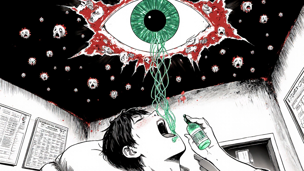 Adolescent recevant une immunothérapie, des anticorps lumineux forment un œil géant au plafond.