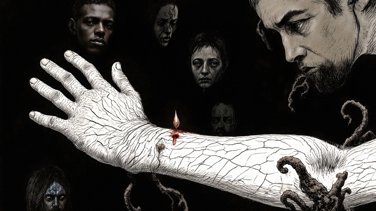 Bras d&#039;enfant avec des vergetures blanches et des tentacules fongiques, peau fine comme du papier.