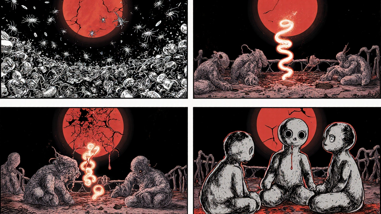 Champ de bataille microscopique avec quatre types de lésions de sclérose en plaques, dans un style d&#039;horreur visuel extrême.