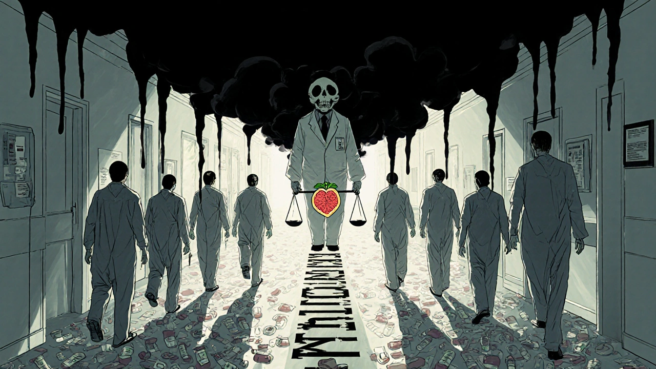 Couloir d&#039;hôpital où les patients sont des marionnettes reliées à des comprimés, un pharmacien géant équilibre un cœur contre un pamplemousse.