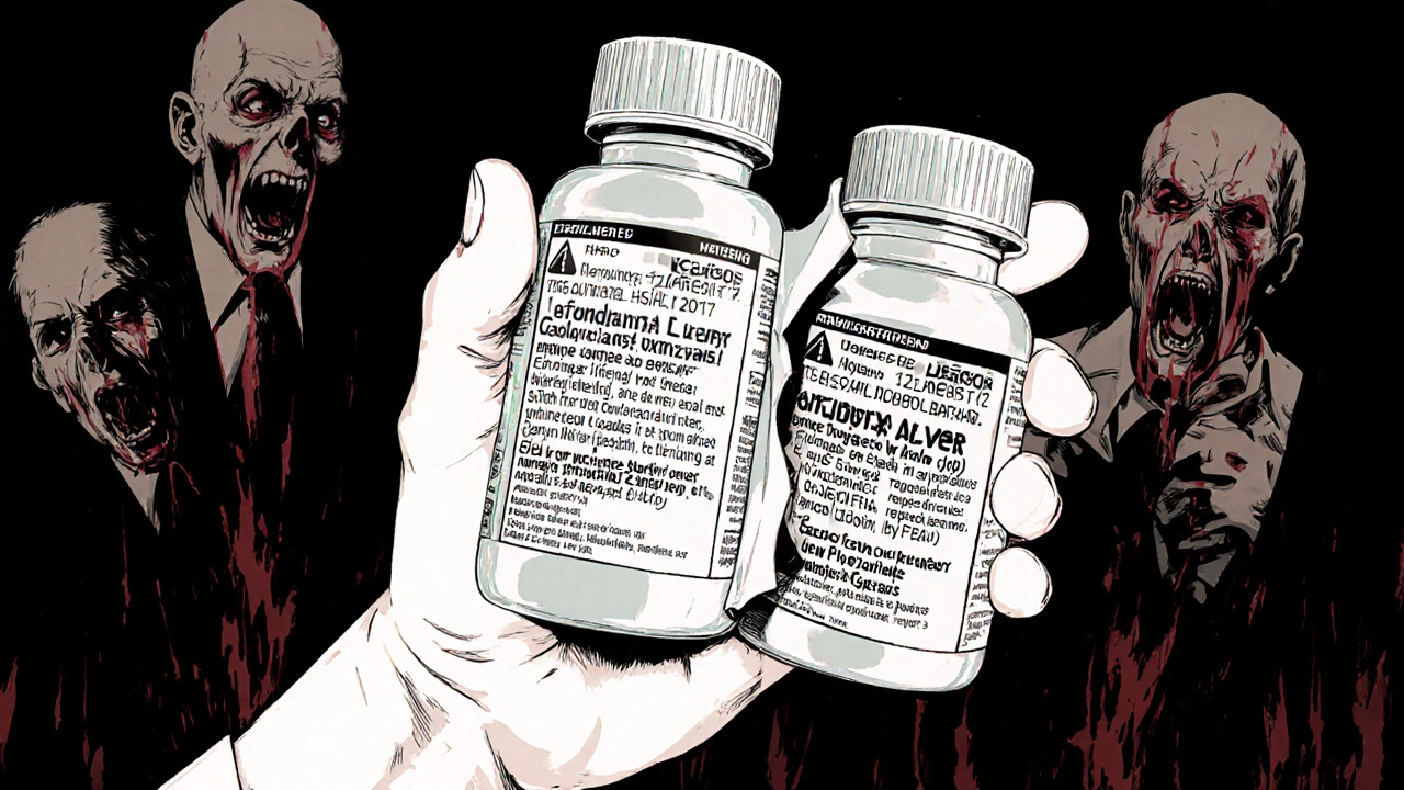 Deux flacons de médicaments côte à côte, l&#039;un générique dont l&#039;étiquette révèle des avertissements cachés de toxicité hépatique, des patients s&#039;effondrant en arrière-plan.