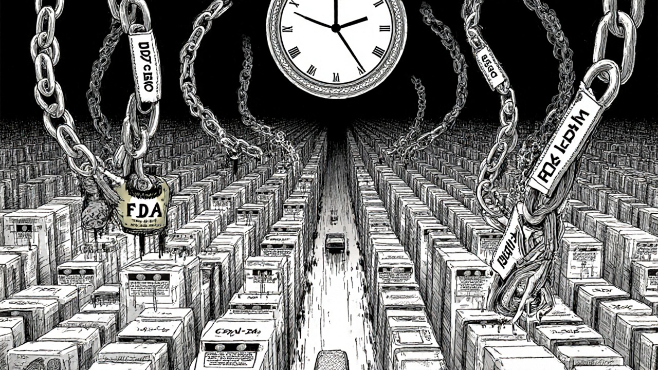 Entrepôt infini de médicaments génériques sous un sceau FDA géant, des chaînes étiquetées &#039;Délai&#039; étouffent des fils d&#039;IA qui tentent de corriger les étiquettes.