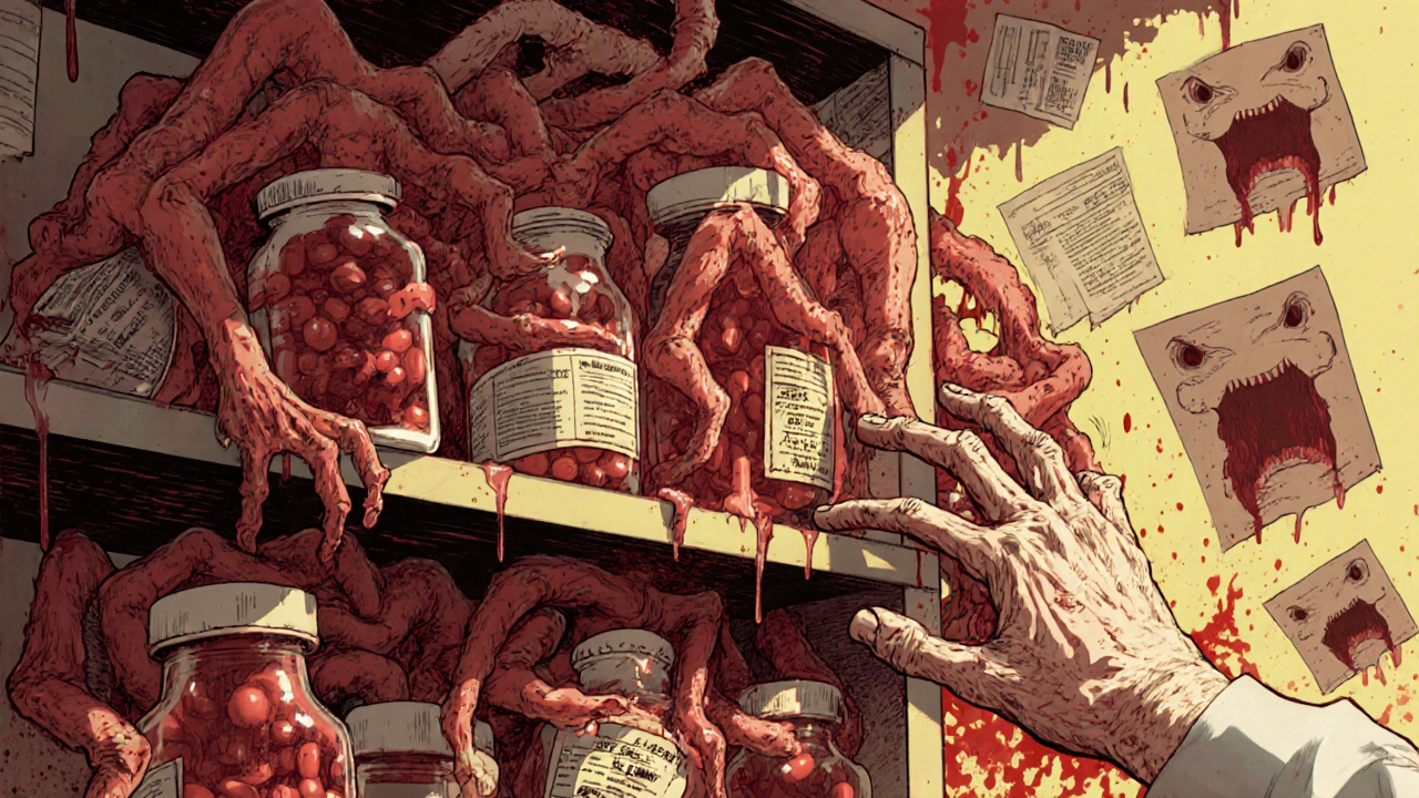 Étagère de pharmacie où les comprimés deviennent des créatures humaines enchevêtrées, une main fragile tendue vers elles.