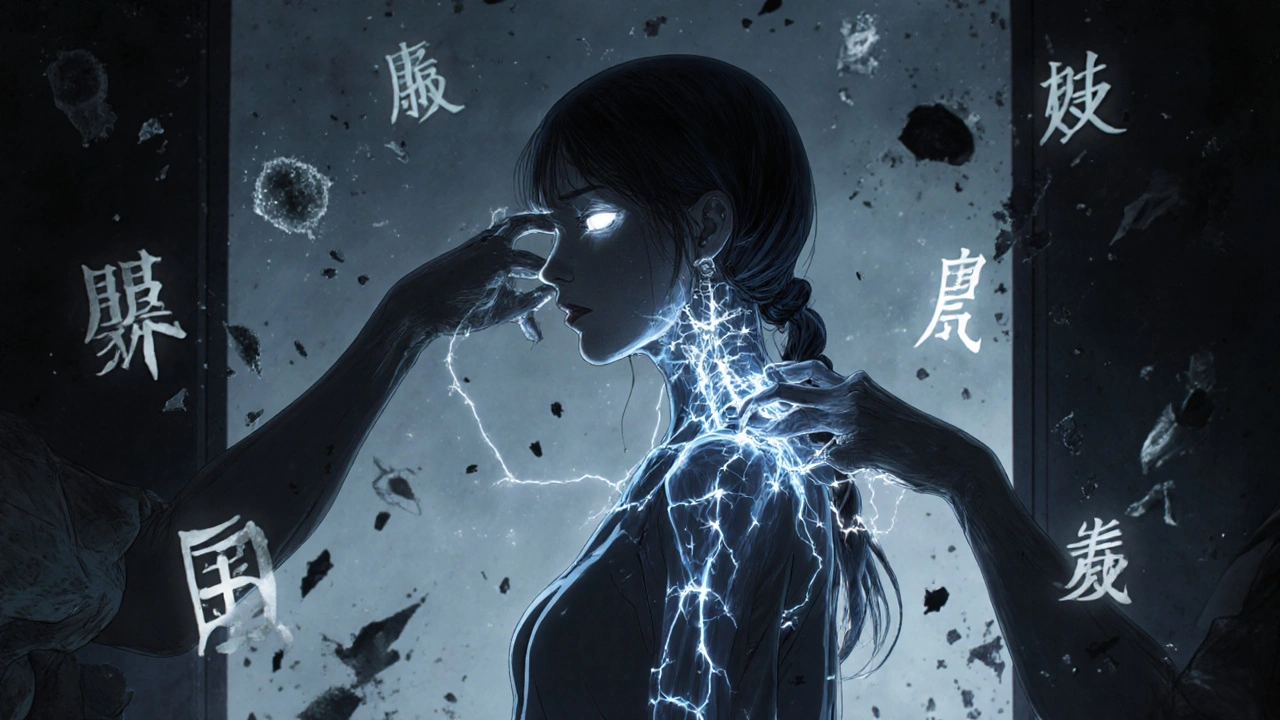 Femme jeune dont les nerfs brillent de étincelles, un œil noir, tandis que des mains fantomatiques tirent sur son nerf optique.