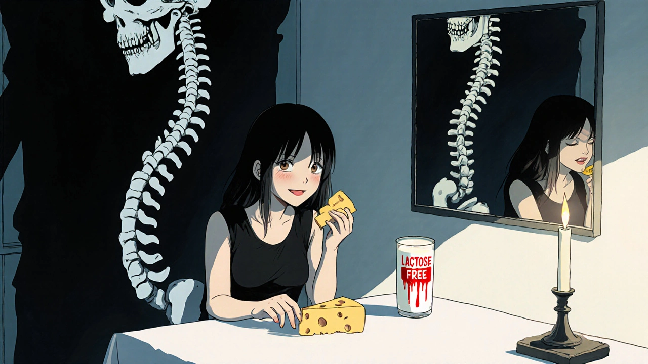 Femme mangeant du fromage, mais ses ombres deviennent des molécules de lactose dévorant sa colonne vertébrale.