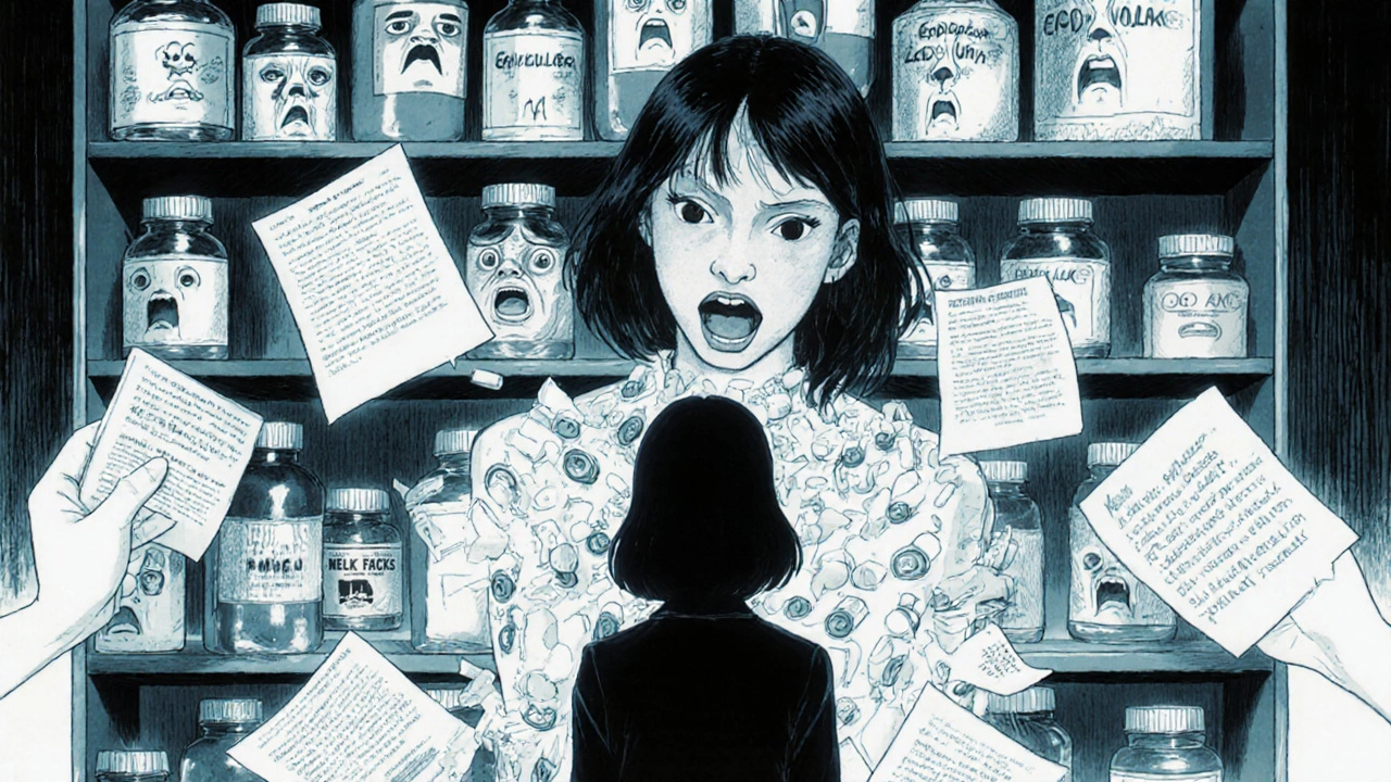 Femme regardant des flacons de médicaments qui deviennent des visages hurlants dans une pharmacie cauchemardesque.