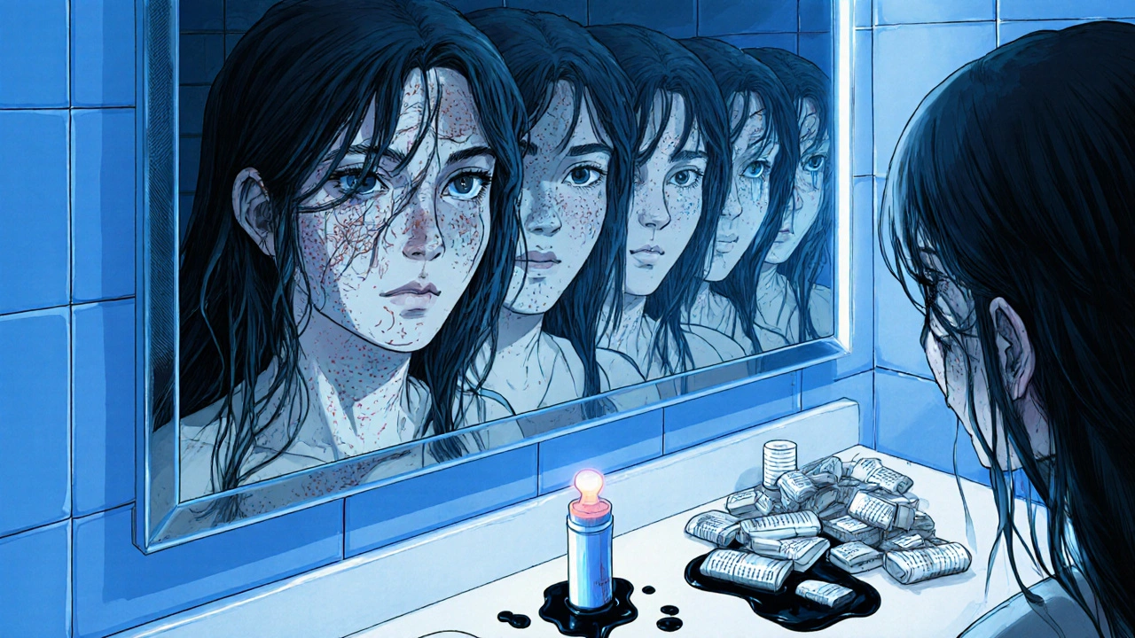 Femme regardant son reflet qui se décompose en bandes de peau, crème monstrueuse qui coule, style d&#039;horreur manga.