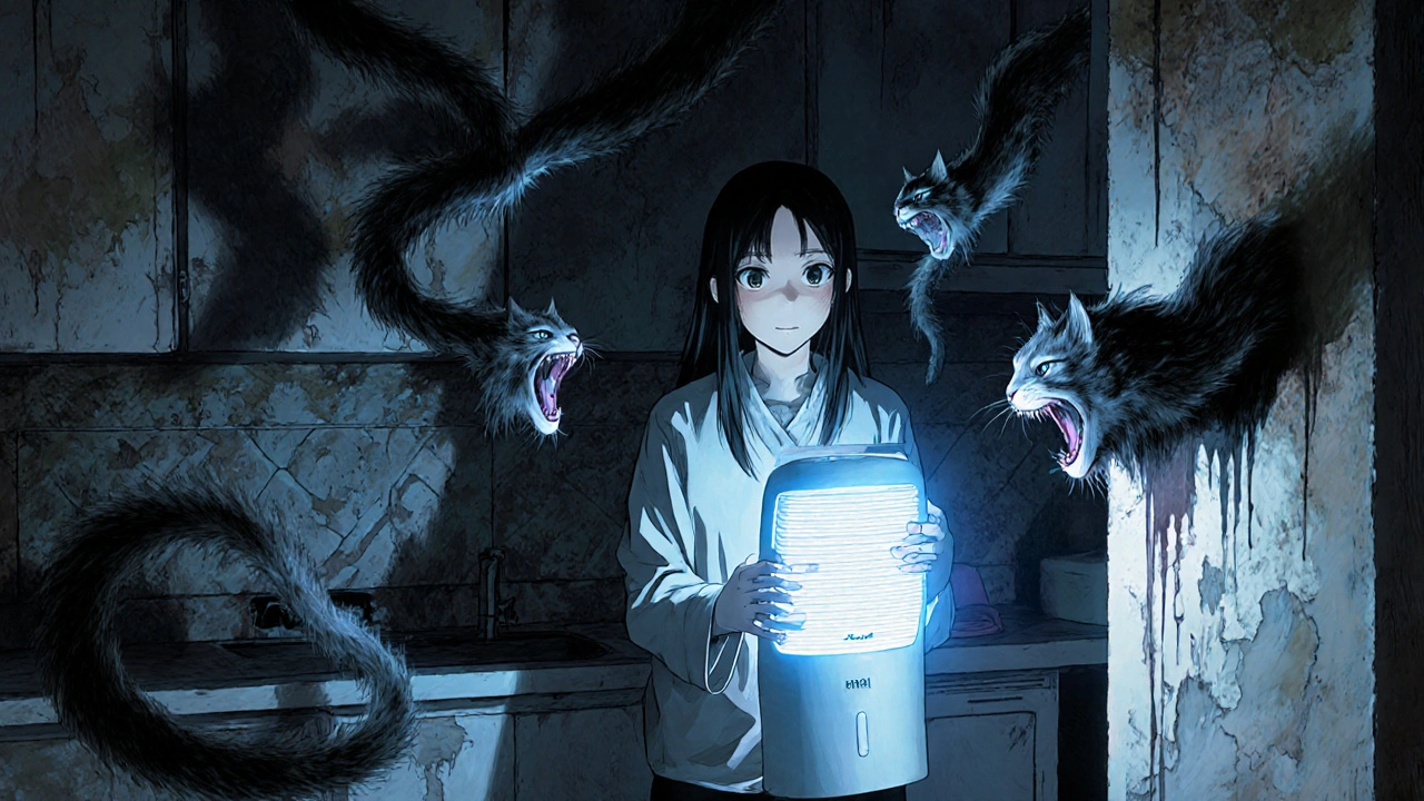 Femme tenant un purificateur d&#039;air, des poils de chat se transforment en visages hurlants sur les murs.
